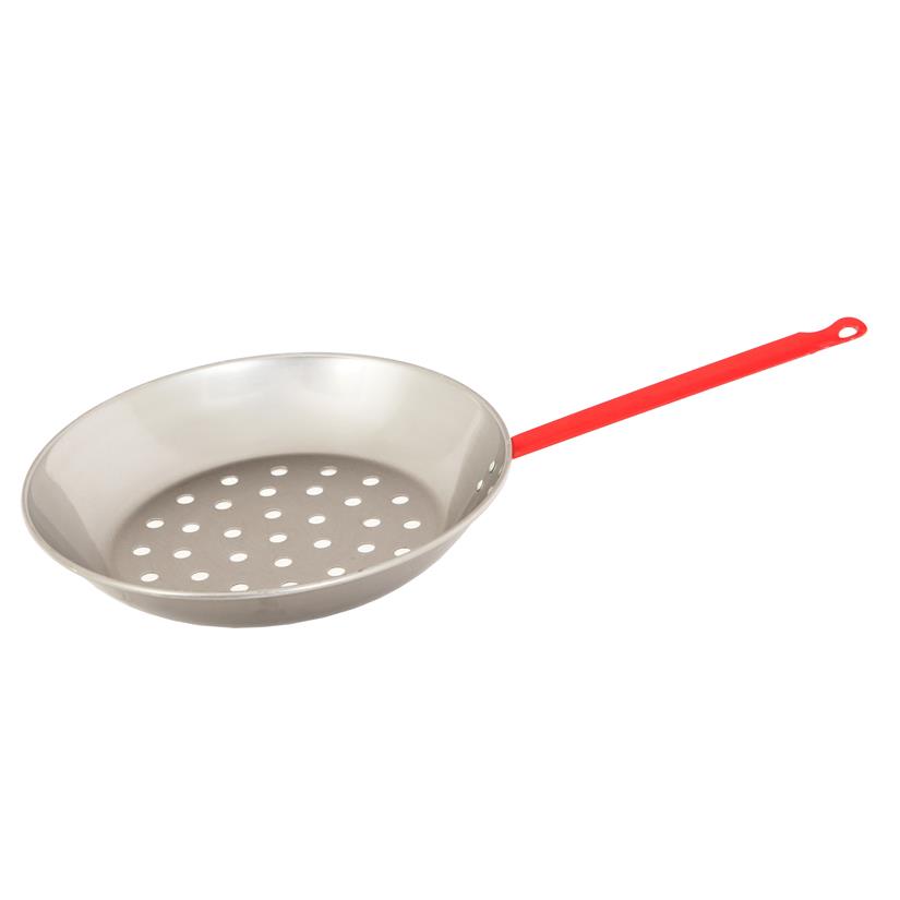 Sarten para castañas con mango rojo
