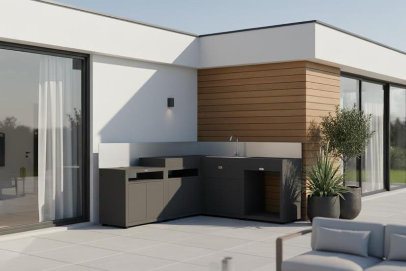 Cocina de esquina 5 elementos con panel antisalpicadura - Negro