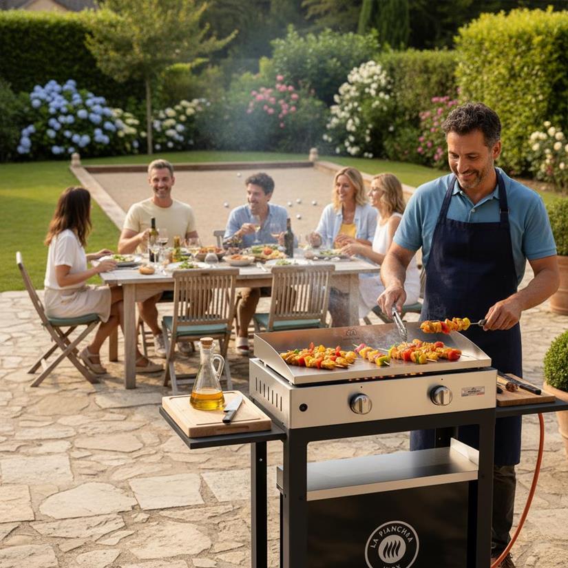 La Plancha edición Dúo de acero inoxidable: Plancha 260 gas Tapa, carrito, especiero y cortina incluidos