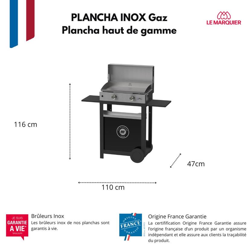 La Plancha edición Dúo de acero inoxidable: Plancha 260 gas Tapa, carrito, especiero y cortina incluidos