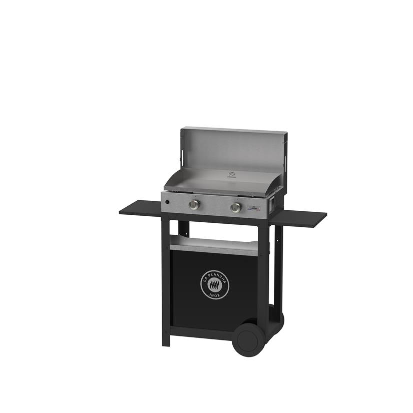 La Plancha edición Dúo de acero inoxidable: Plancha 260 gas Tapa, carrito, especiero y cortina incluidos